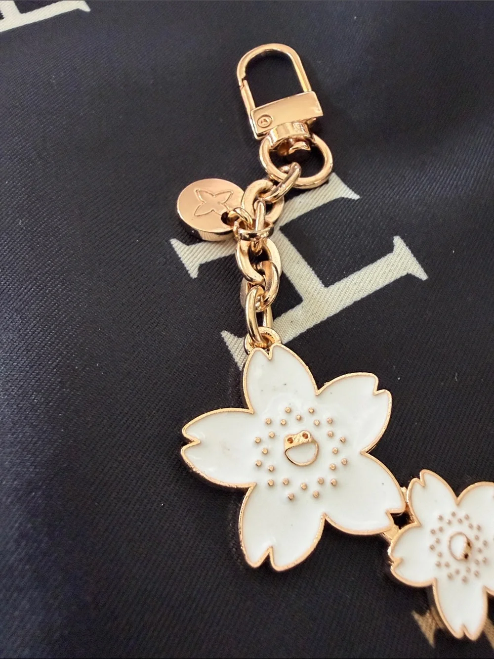 Gold-Tone Floral Charm  with White and Black Enamel handmade